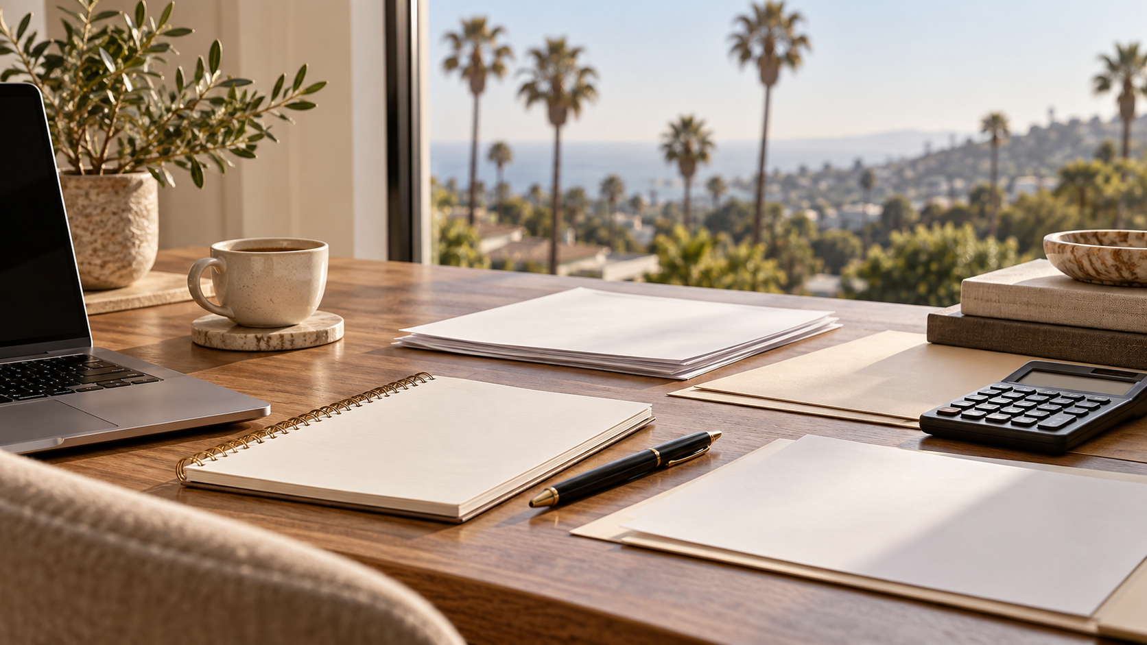 Illustrative notebook and planning materials on a sunlit desk
